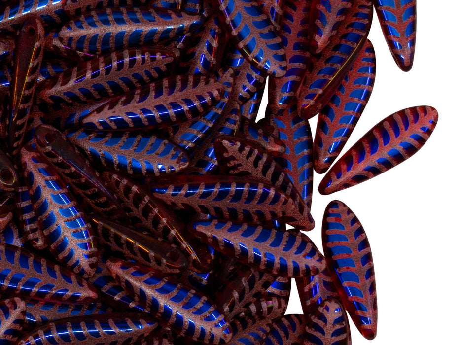 Dolchperlen 5x16 mm Transparent Rubin mit geläsertem blauen Federmuster Tschechisches Glas  Farbe_Red Farbe_ Multicolored