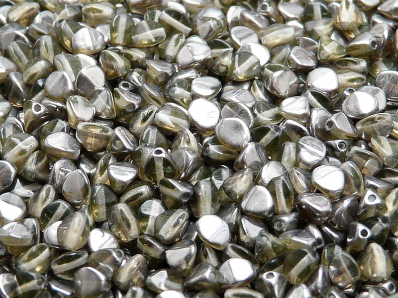 50 St. Pinch Gepresste Perlen 5x3,5mm, Böhmisches Glas, Transparent Pfirsich Halb Chrom