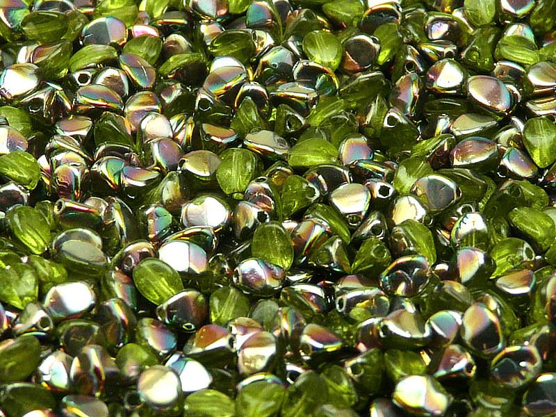 50 St. Pinch Gepresste Perlen 5x3,5mm, Böhmisches Glas, Olivine Vitrail