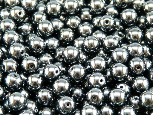 50 St. Runde Gepresste Perlen 6mm, Böhmisches Glas, Jet Hematit