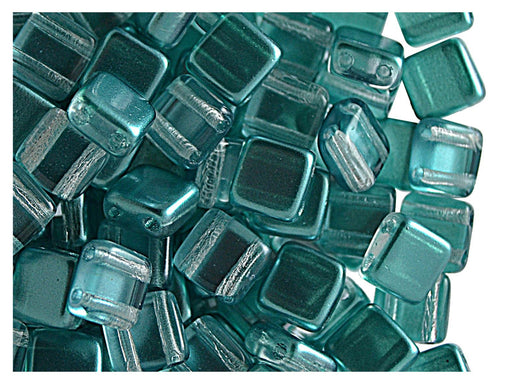 40 St. Tile Perle Perlen 6x6x3,2mm Zwei Löcher, Böhmisches Glas, Blau-Grün