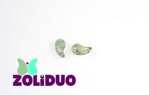 20 St. ZoliDuo® Recht Version Perlen, Teardrop 5x8mm mit zwei Löchern, Böhmisches Glas, Kristallgrüner Glanz