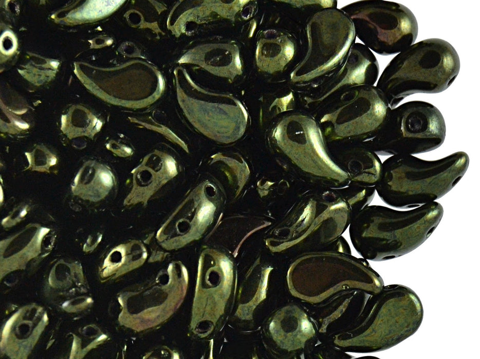 20 St. ZoliDuo® Recht Version Perlen, Teardrop 5x8mm mit zwei Löchern, Böhmisches Glas, Jet Rotglanz (Grün)