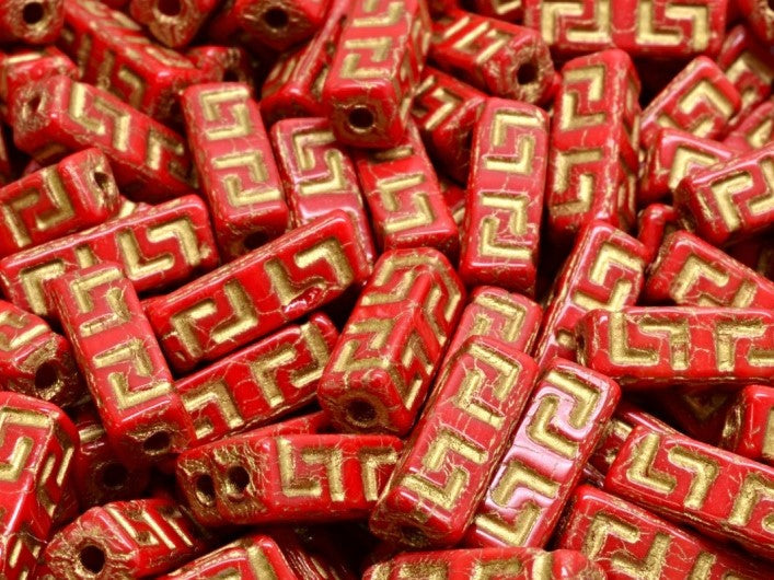 Keltische Blockperlen 15x5 mm Opak Korallenrot mit goldener Verzierung Tschechisches Glas Farbe_Red