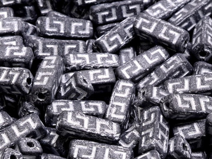 Keltische Blockperlen 15x5 mm Schwarz Matte mit silbernen Verzierung Tschechisches Glas Farbe_Black