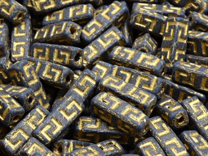 Keltische Blockperlen 15x5 mm Schwarz Matte mit goldener Verzierung Tschechisches Glas Farbe_Black