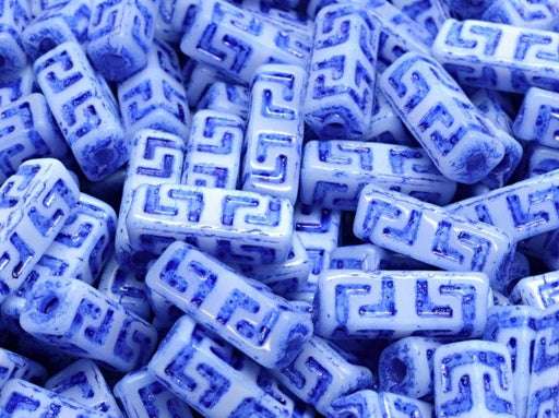 Keltische Blockperlen 15x5 mm Alabasterweiß mit blauem Muster Tschechisches Glas Farbe_Blue