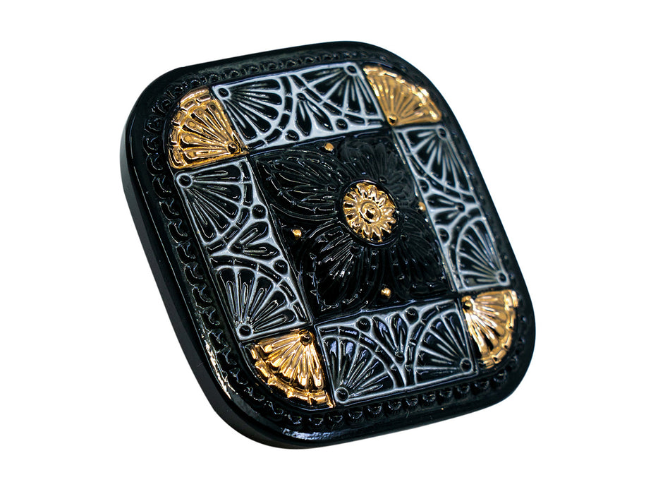1 pc Tschechisches Glasknopf quadratisch 33x33 mm handbemalt, Tschechische Glasknöpfe, Jet Schwarz mit symmetrischen Muster in Gold und Weiß, Tschechisches Glas (Czech Glass Button Square 33x33 mm)