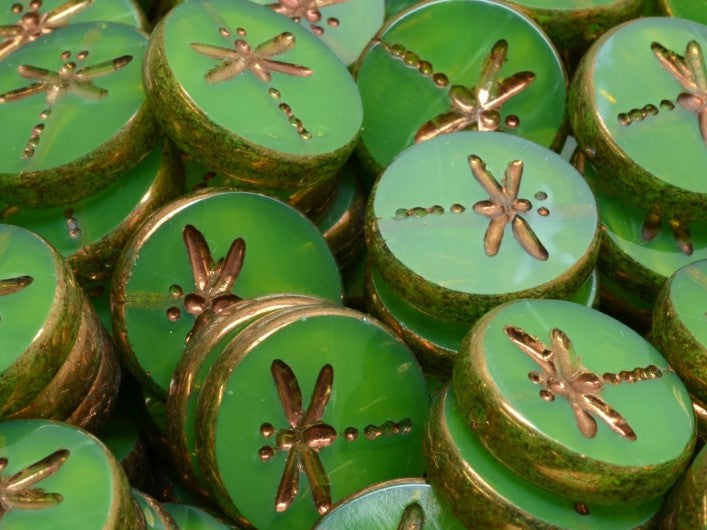 Libelle Münzperlen 17 mm Grüner Opal Bronze Glanz Tschechisches Glas Farbe_Green Farbe_ Brown