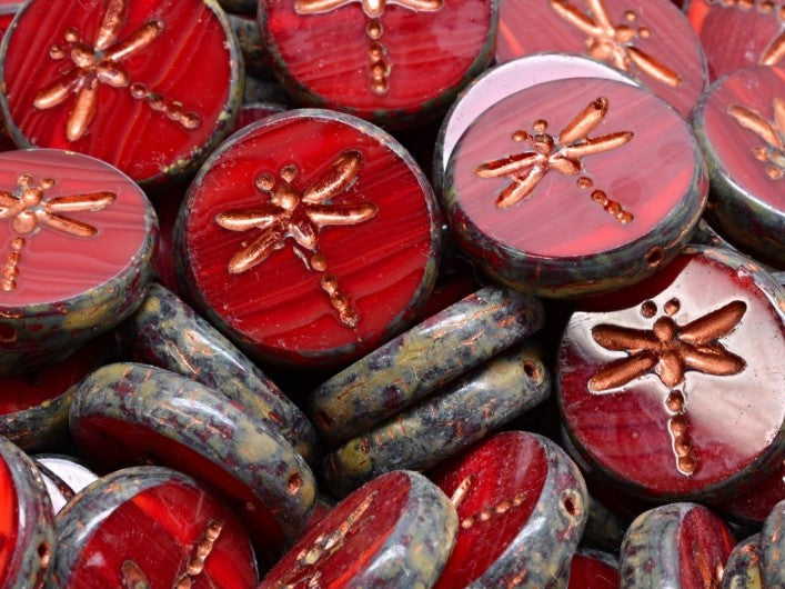 Libelle Münzperlen 17 mm Granat Opal Travertin mit Kupfernen Verzierung Tschechisches Glas Farbe_Red Farbe_ Brown