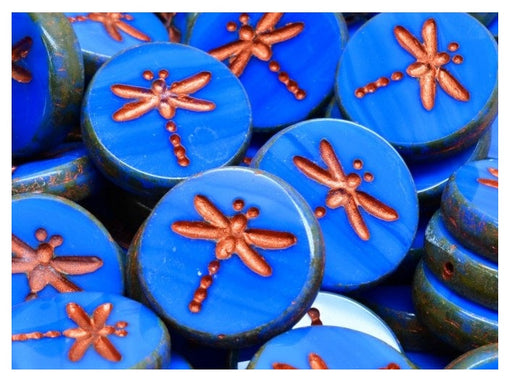 Libelle Münzperlen 17 mm Undurchsichtiges Medium Blau Travertine mit kupfernem Muster Tschechisches Glas Farbe_Blue Farbe_ Brown