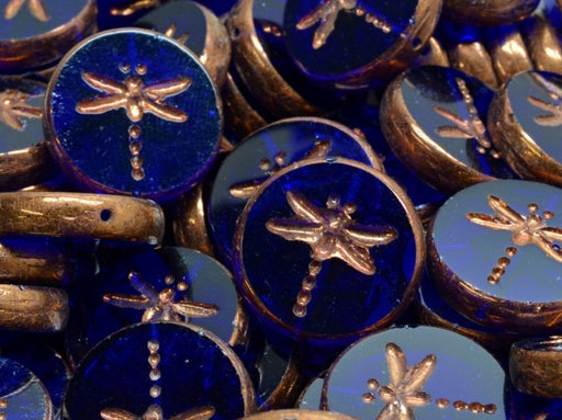 10 pcs Libelle Münzperlen 17 mm, Kobalt Blau Bronze Luster, Tschechisches Glas (Dragonfly Coin Beads)