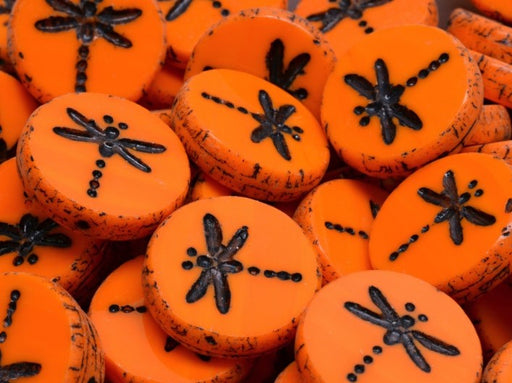 10 pcs Libelle Münzperlen 17 mm, Opak Orange mit Schwarzem Muster, Tschechisches Glas (Dragonfly Coin Beads)