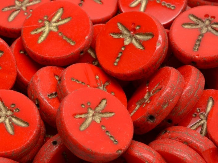 Libelle Münzperlen 17 mm Opak Korallenrot mit goldener Verzierung Tschechisches Glas Farbe_Red