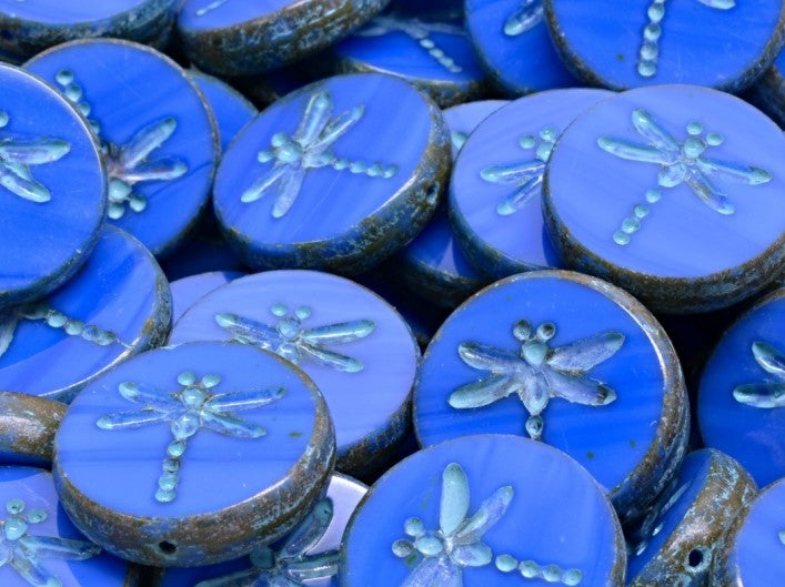 Libelle Münzperlen 17 mm Undurchsichtiges Medium Blau Travertine mit braunen Muster Tschechisches Glas Farbe_Blue