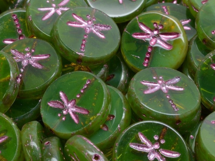 Libelle Münzperlen 17 mm Olivin Travertin mit Fuchsia Streifen Tschechisches Glas Farbe_Green