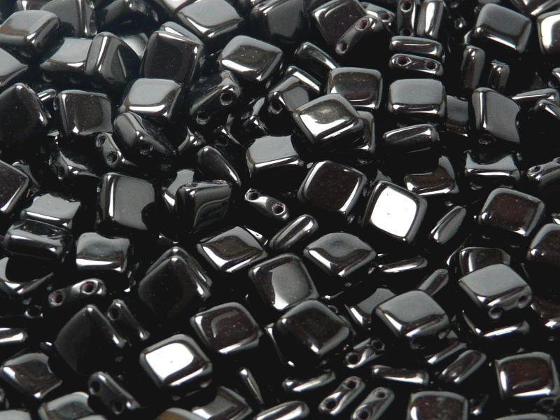 Tile Beads 6x6x3 mm 2 Holes Opaque Jet Czech Glass Black