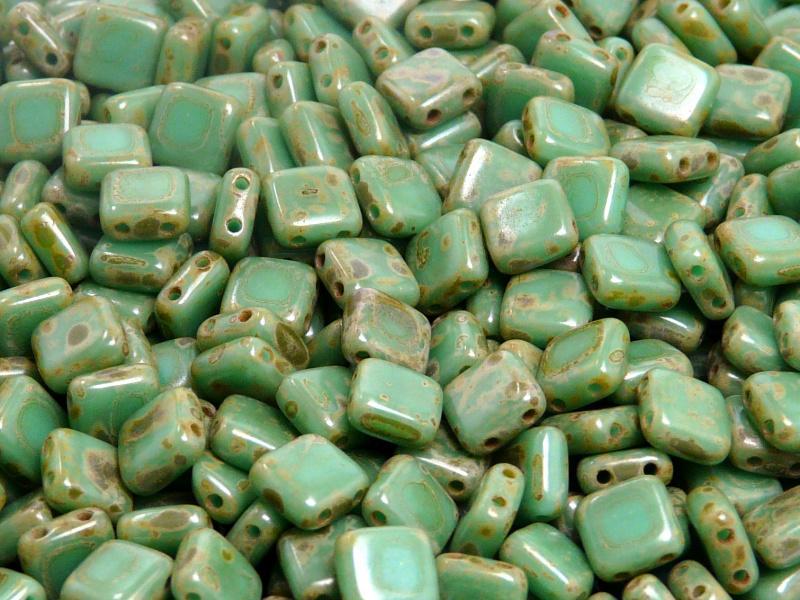 40 St. Tile Gepresste Perlen 6x6x2,9 mm Zwei Löcher, Böhmische Glas, Opak Türkis-Grün Travertin Dunkel
