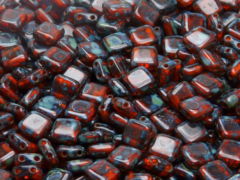 40 St. Tile Gepresste Perlen 6x6x2,9 mm Zwei Löcher, Böhmische Glas, Hyazinthe Travertin