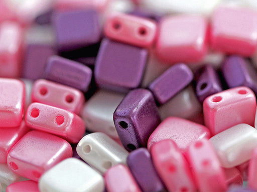 150 St. Gepresste Glasperlen Tile 6x6x2,9 mm, 2-Loch, Mischung Weiß Bordeaux Rosa, Tschechisches Glas (Tile Beads)