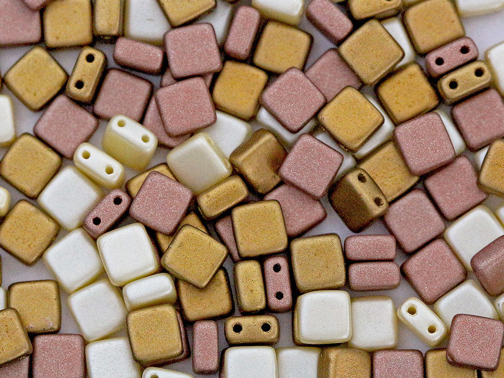 Gepresste Glasperlen Tile 6x6x29 mm 2-Loch Mischen Sahne Rosaline Bronze Tschechisches Glas Farbe_Multicolored