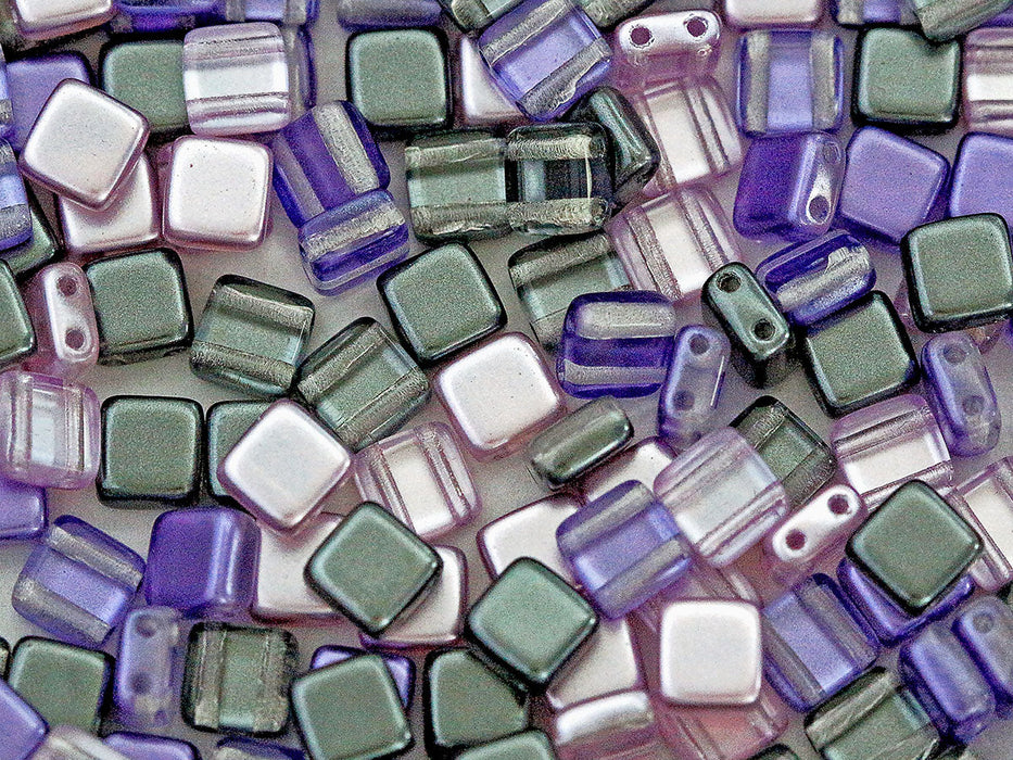 Gepresste Glasperlen Tile 6x6x29 mm 2-Loch Mischen Violett Flieder Grau Tschechisches Glas Farbe_Multicolored
