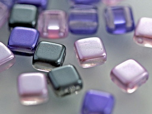150 St. Gepresste Glasperlen Tile 6x6x2,9 mm, 2-Loch, Mischen Violett Flieder Grau, Tschechisches Glas (Tile Beads)