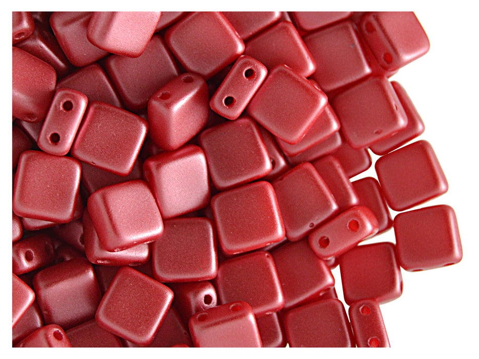 40 St. Tile Gepresste Perlen 6x6x2,9 mm Zwei Löcher, Böhmische Glas, Pastell Dunkel Rot Koralle