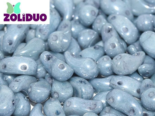 20 St. ZoliDuo® Linke Version Perlen, Teardrop 5x8mm mit zwei Löchern, Böhmisches Glas, Alabaster Blau Glanz