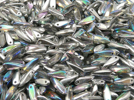 50 St. Dagger Kleine Gepresste Perlen 3x10mm, Kristall Silber schimmernd, Tschechisches Glas
