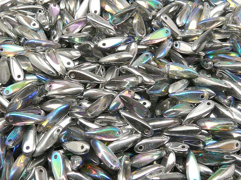 50 St. Dagger Kleine Gepresste Perlen 3x10mm, Kristall Silber schimmernd, Tschechisches Glas