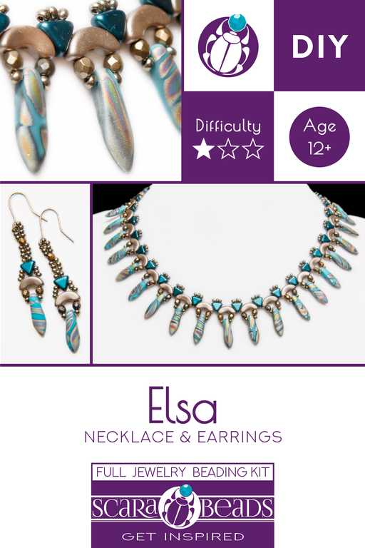 1 St. Exklusive Perlenstickerei Kit für DIY Schmuckherstellung ''Elsa'' Halskette Ohrringe (Türkisblau Zebra Vitrail-Gold)