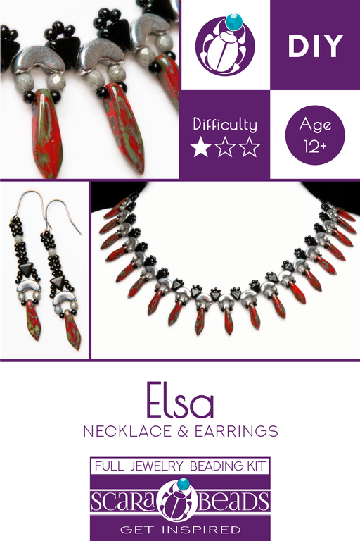 1 St. Exklusive Perlenstickerei Kit für DIY Schmuckherstellung ''Elsa'' Halskette Ohrringe (Rot Travertin-Schwarz-Silber)