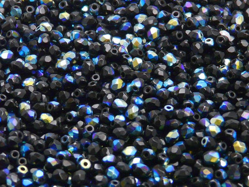 100 St. Fire Polished facettierte Glasperlen rund 3mm, Jet Schwarz AB, Tschechisches Glas
