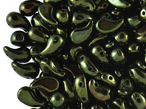 20 St. ZoliDuo® Linke Version Perlen, Teardrop 5x8mm mit zwei Löchern, Böhmisches Glas, Dunkelgrün Metallic