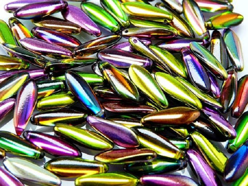 25 St. Dagger Gepresste Perlen 5x16mm, Böhmisches Glas, Magie Violett-Grün