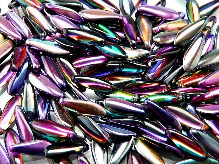 25 St. Dagger Gepresste Perlen 5x16mm, Böhmisches Glas, Magie Violett-Grau