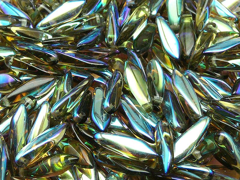 50 St. Dagger Gepresste Perlen 5x16mm, Böhmisches Glas, Rauch Diamant AB