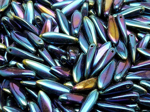 50 St. Dagger Gepresste Perlen 5x16mm, Blau irisierend, Tschechisches Glas