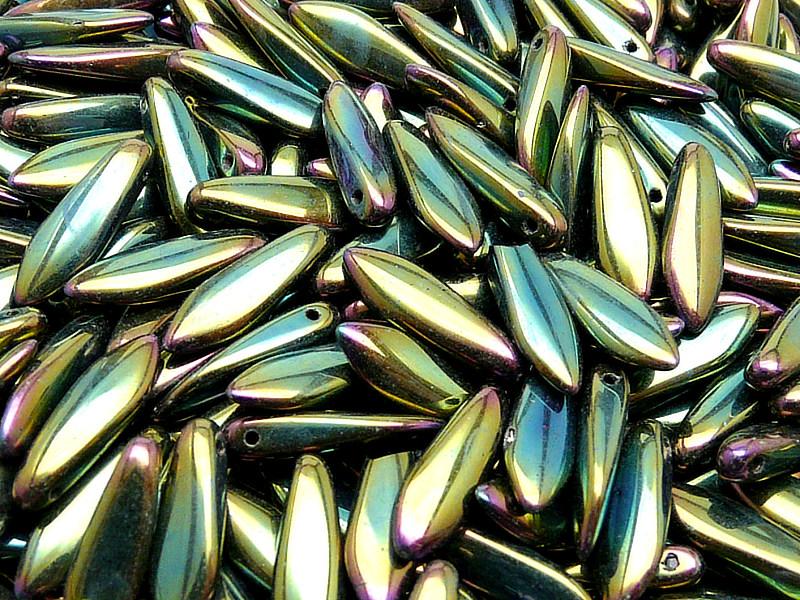 50 St. Dagger Gepresste Perlen 5x16mm, Grün irisierend, Tschechisches Glas