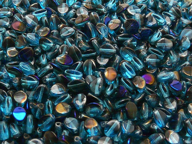 50 St. Pinch Gepresste Perlen 5x3,5mm, Böhmisches Glas, Aquamarin Blau Halbe Azuro