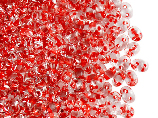 20 g SuperDuo Rocailles 2.5x5mm, 2-Loch, Kristall mit rot gefärbtem Loch, Tschechisches Glas
