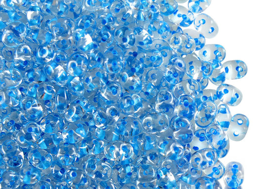 20 g SuperDuo Rocailles 2.5x5mm, 2-Loch, Kristall mit Aqua gefärbtem Loch, Tschechisches Glas