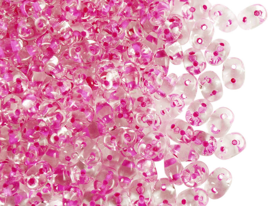 20 g SuperDuo Rocailles 2.5x5mm, 2-Loch, Kristall mit rosa gefärbtem Loch, Tschechisches Glas