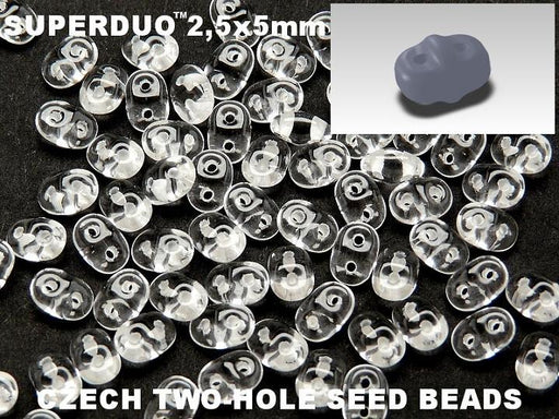 20 g SuperDuo Rocailles 2.5x5mm, 2-Loch, Kristall mit weiß gefärbtem Loch, Tschechisches Glas