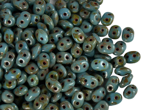 20 g SuperDuo Rocailles 2.5x5mm Zwei Löcher, Böhmisches Glas, Türkis Blau Travertin Dunkel