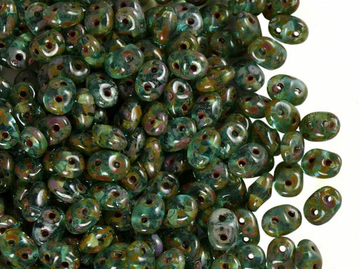 20 g SuperDuo Rocailles 2.5x5mm Zwei Löcher, Böhmisches Glas, Aqua Travertin Luster