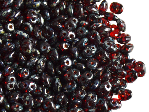 20 g SuperDuo Rocailles 2.5x5mm Zwei Löcher, Böhmisches Glas, Rubin Picasso Luster