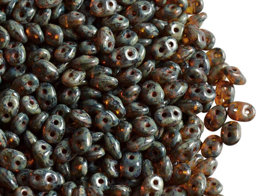 20 g SuperDuo Rocailles 2.5x5mm Zwei Löcher, Böhmisches Glas, Bernstein Travertin Dunkel Luster
