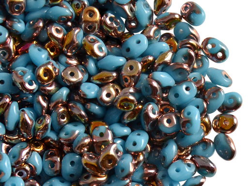 20 g SuperDuo Rocailles 2.5x5mm Zwei Löcher, Böhmisches Glas, Aquamarin Capri Gold
